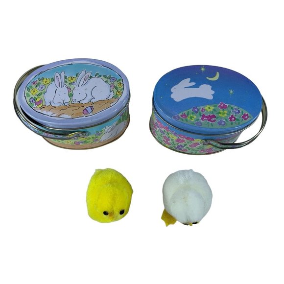 Vintage 2 Russ Berrie Easter Tins and 2 Dakin PomPom Chicks Bunny Handles 1980's - Picture 1 of 11